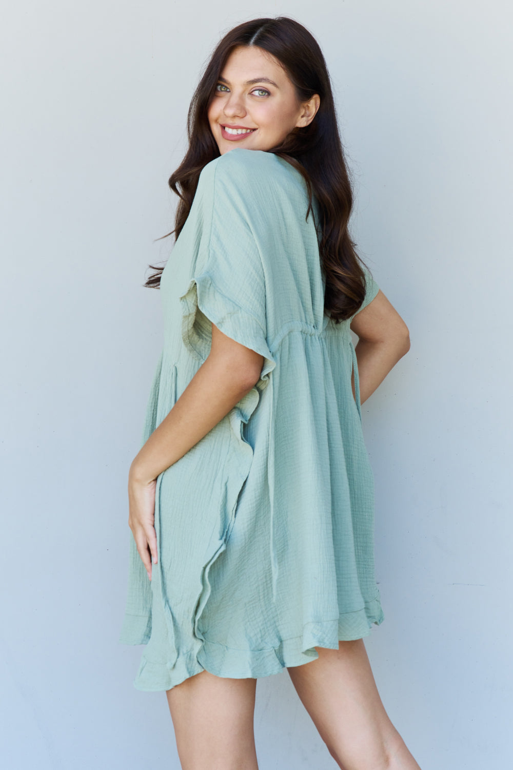 Out Of Time Ruffle Hem Dress with Drawstring Waistband in Light Sage