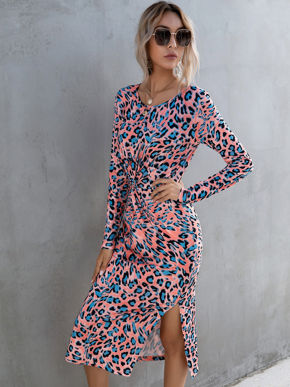 Leopard Twisted Slit Long Sleeve Dress