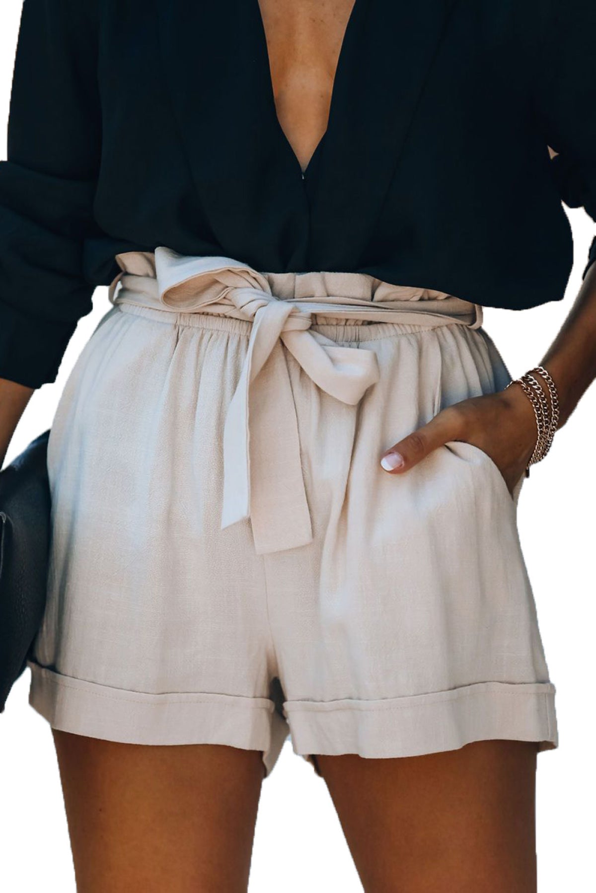 Cuff Pocketed Tie Waist Shorts