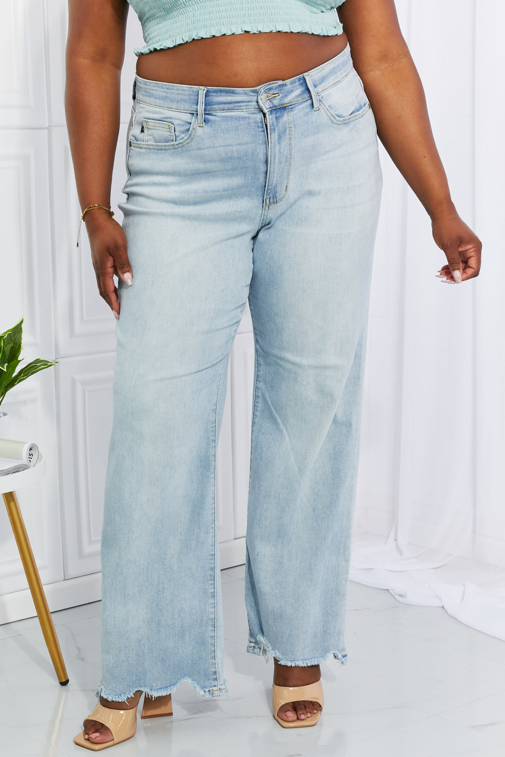 Full Size Cameron High Waist Destroyed Hem Straight Jeans