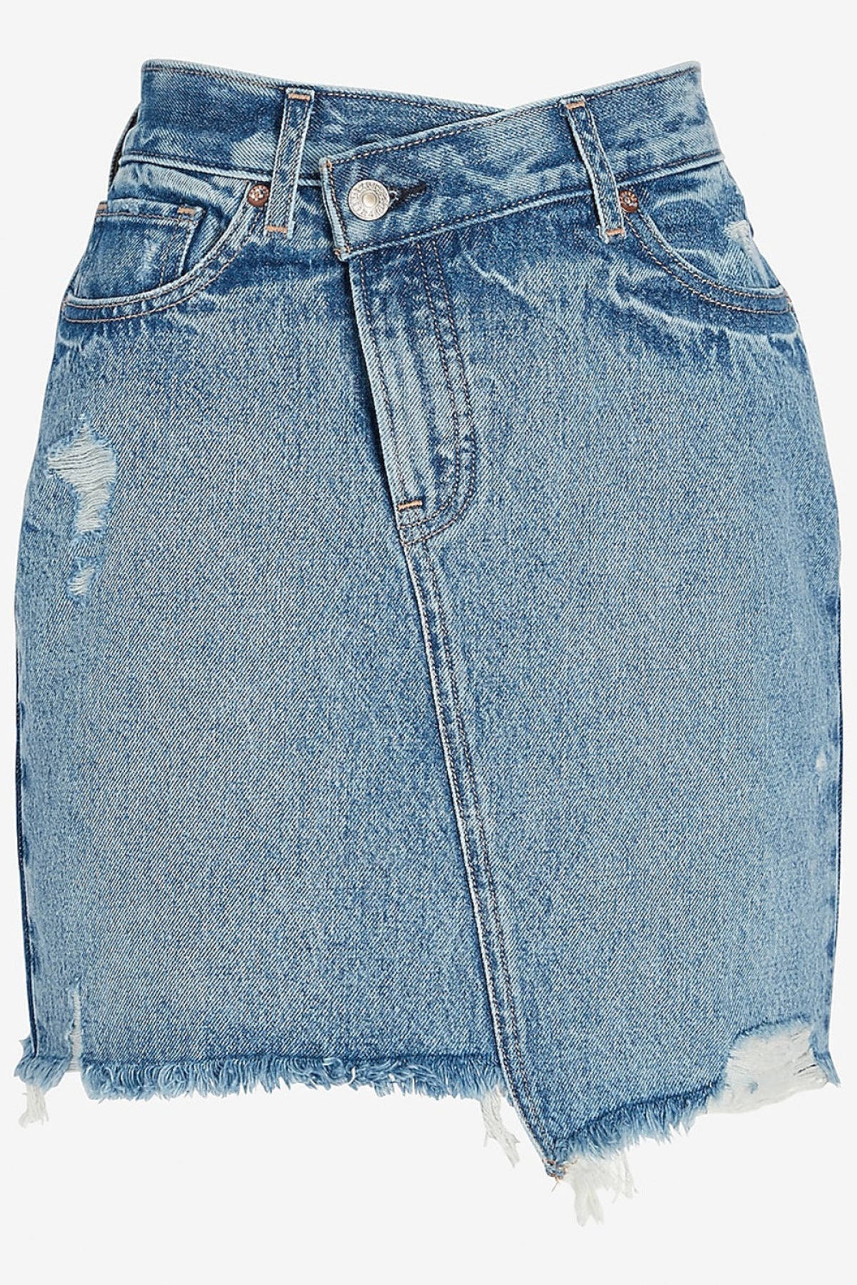 Diagonal Seam Raw Hem Distressed Denim Skirt