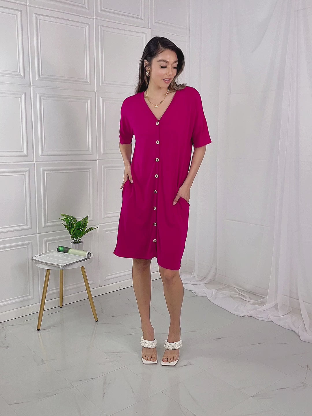 Sunday Brunch Button Down Midi Dress in Magenta