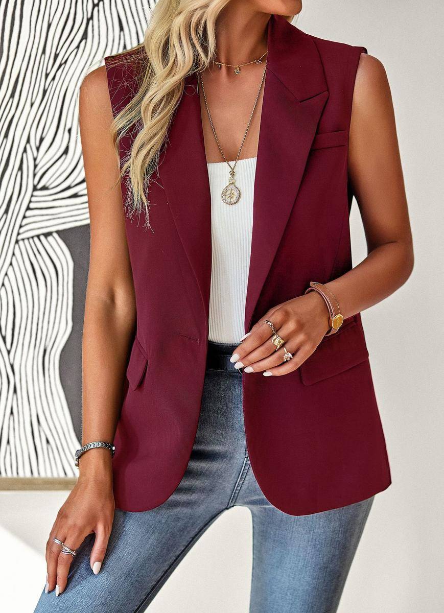 Solid Loose Fit Lapel Single-Breasted Sleeveless Vest