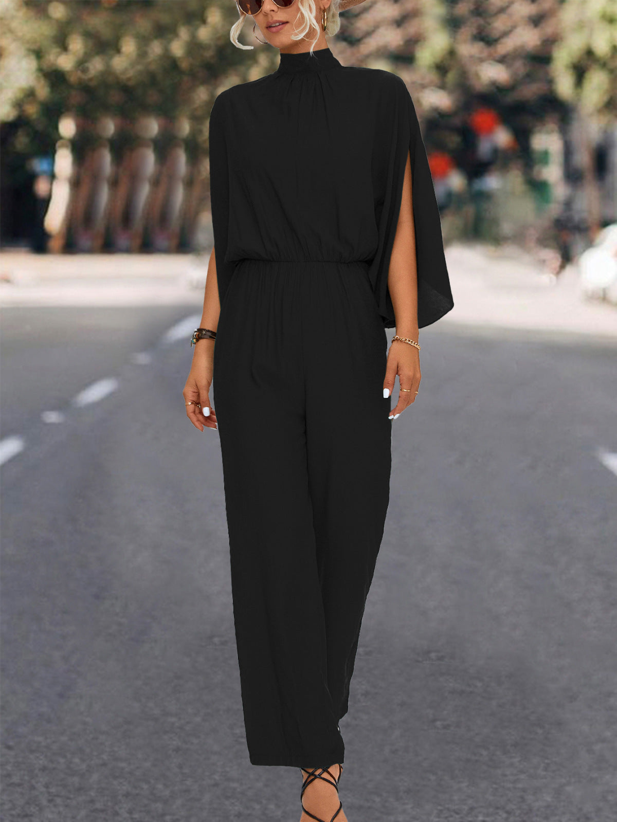 Solid Mockneck Cape Sleeve Jumpsuit