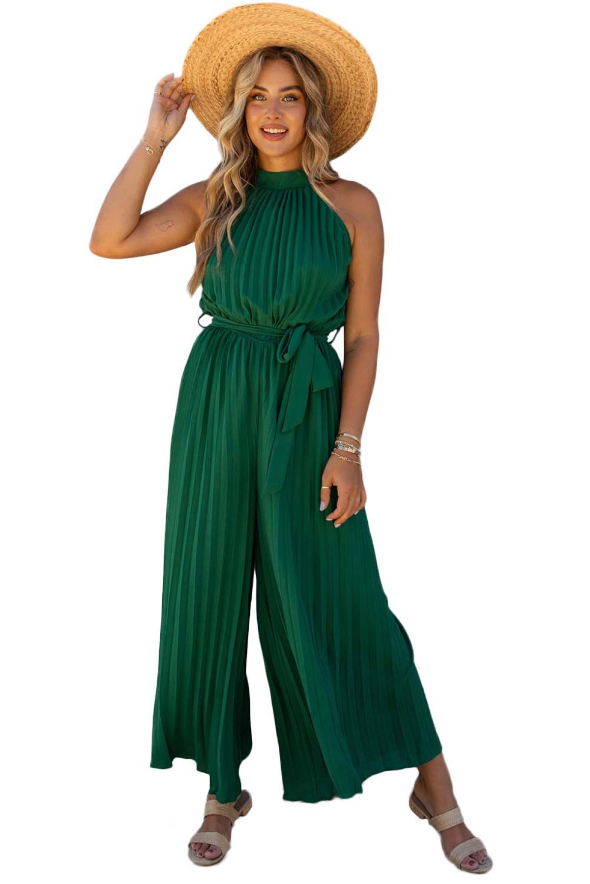 Pleated Wide Leg Jumpsuit With Belt