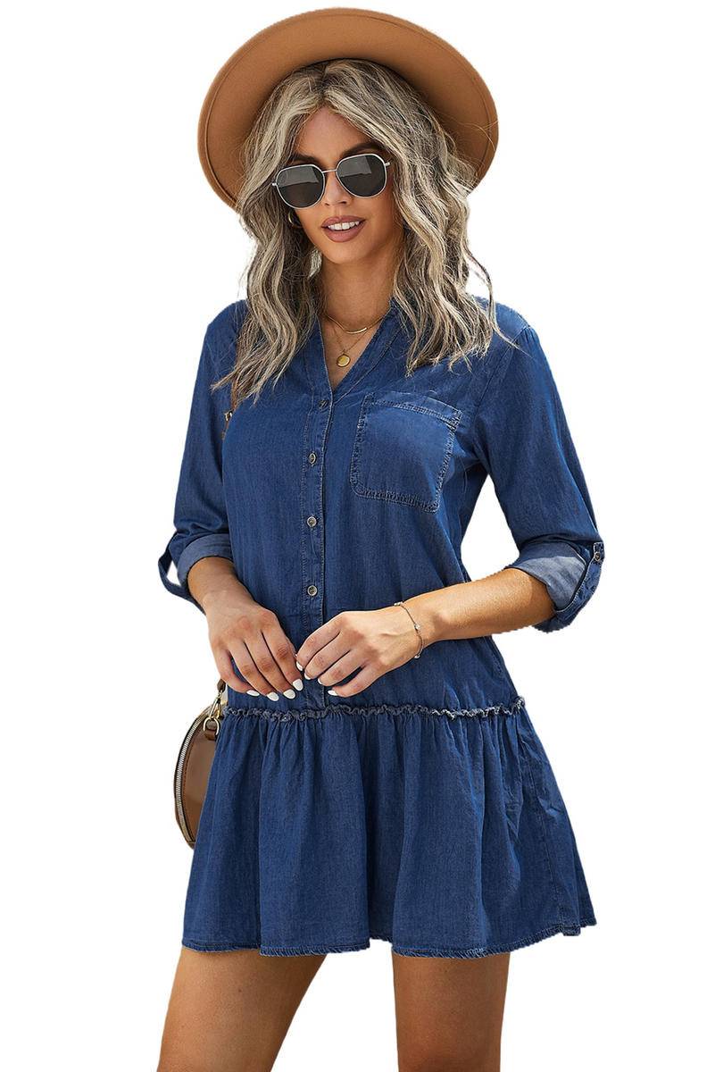 Pocketed Ruffled Denim Shirt Mini Dress