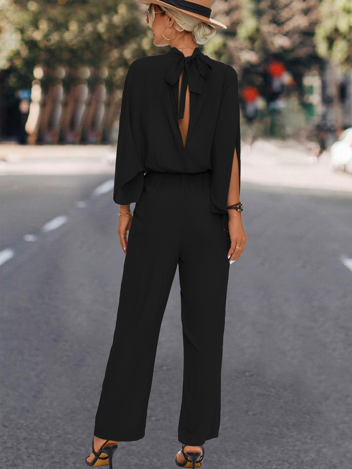 Solid Mockneck Cape Sleeve Jumpsuit