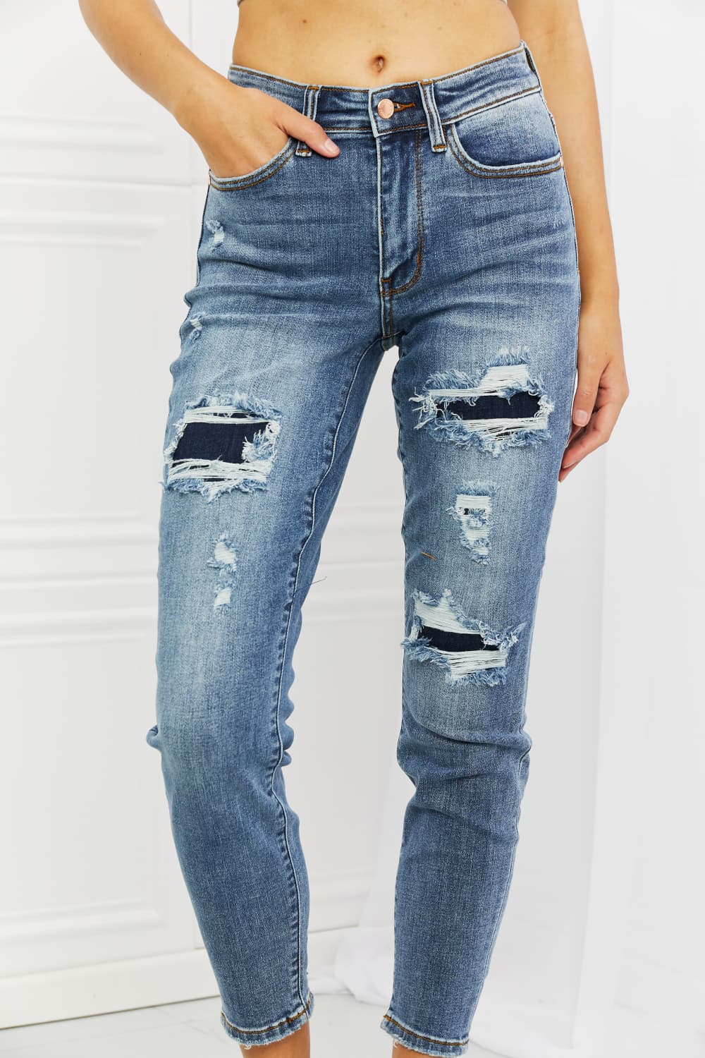 Full Size Distressed Patch Jeans