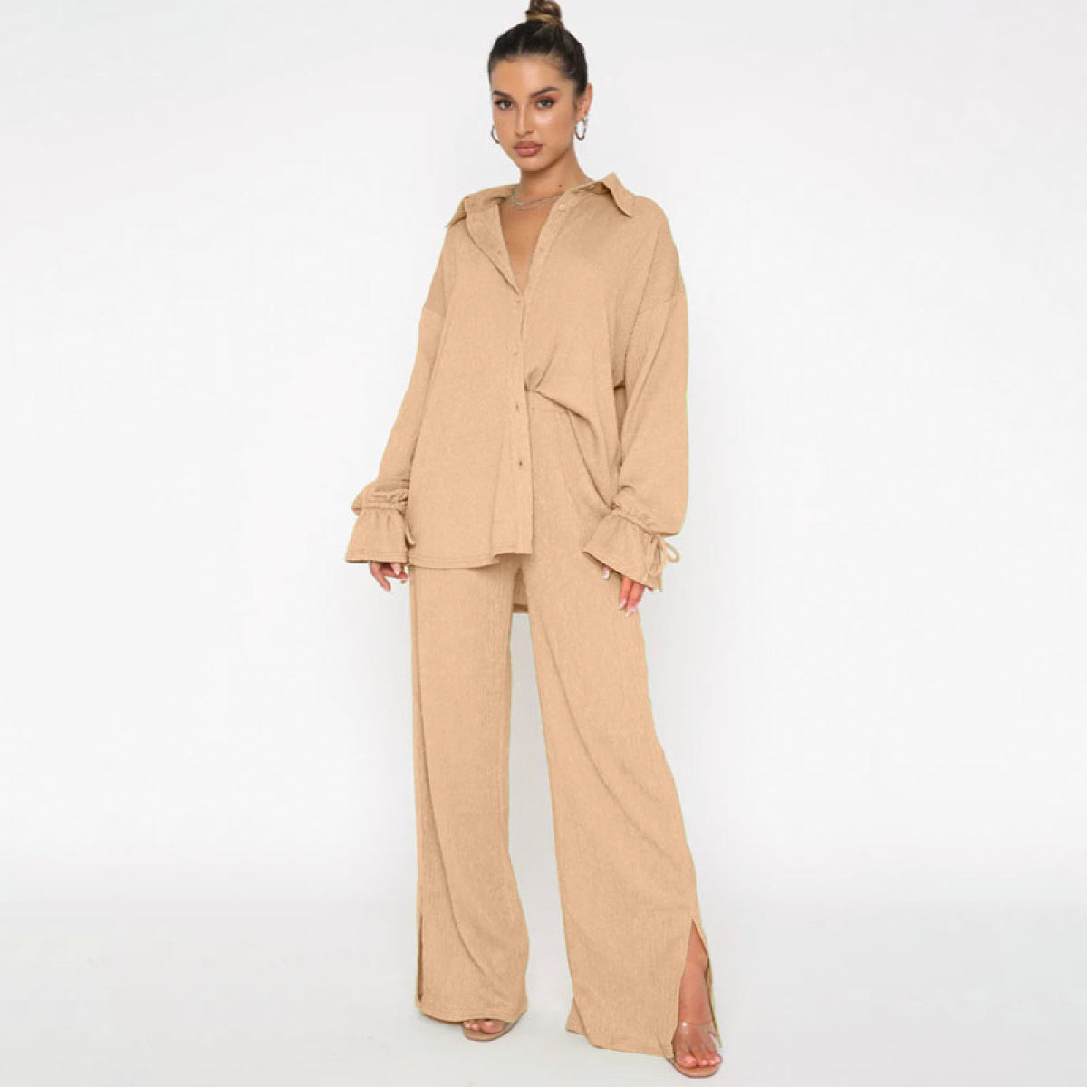 Single-Breasted Balloon Long-Sleeved Blouses & Slit Pants Sets