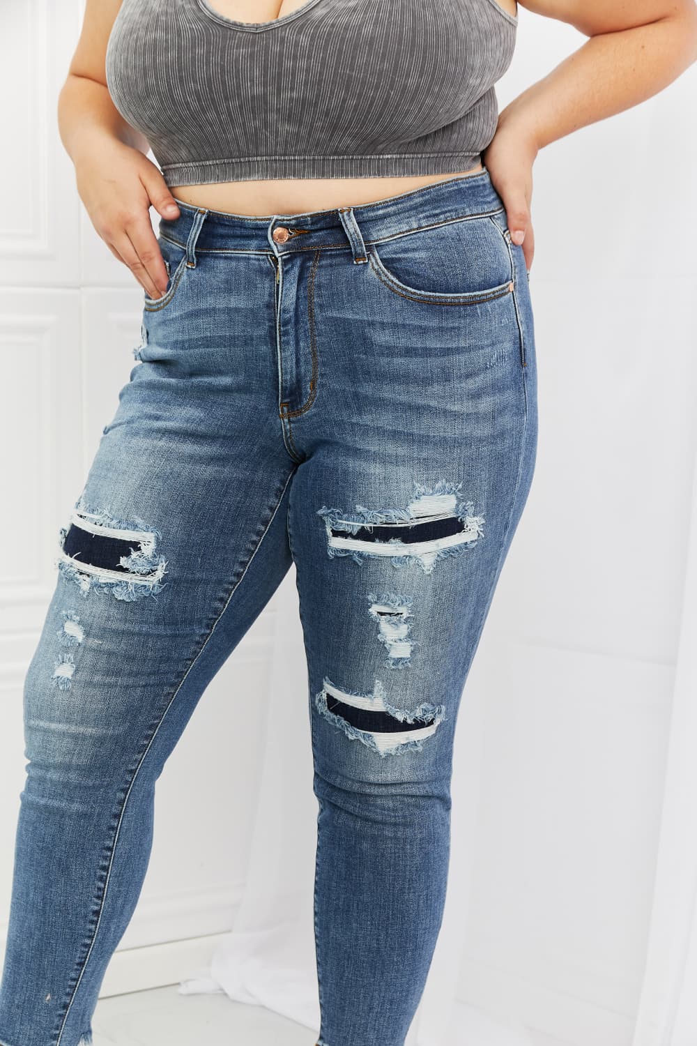 Full Size Distressed Patch Jeans