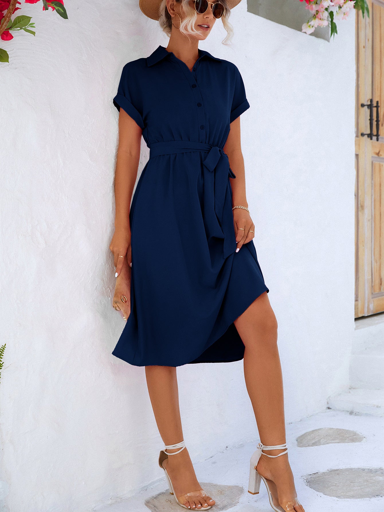 Cuffed Short Sleeve Belted Shirt Dress