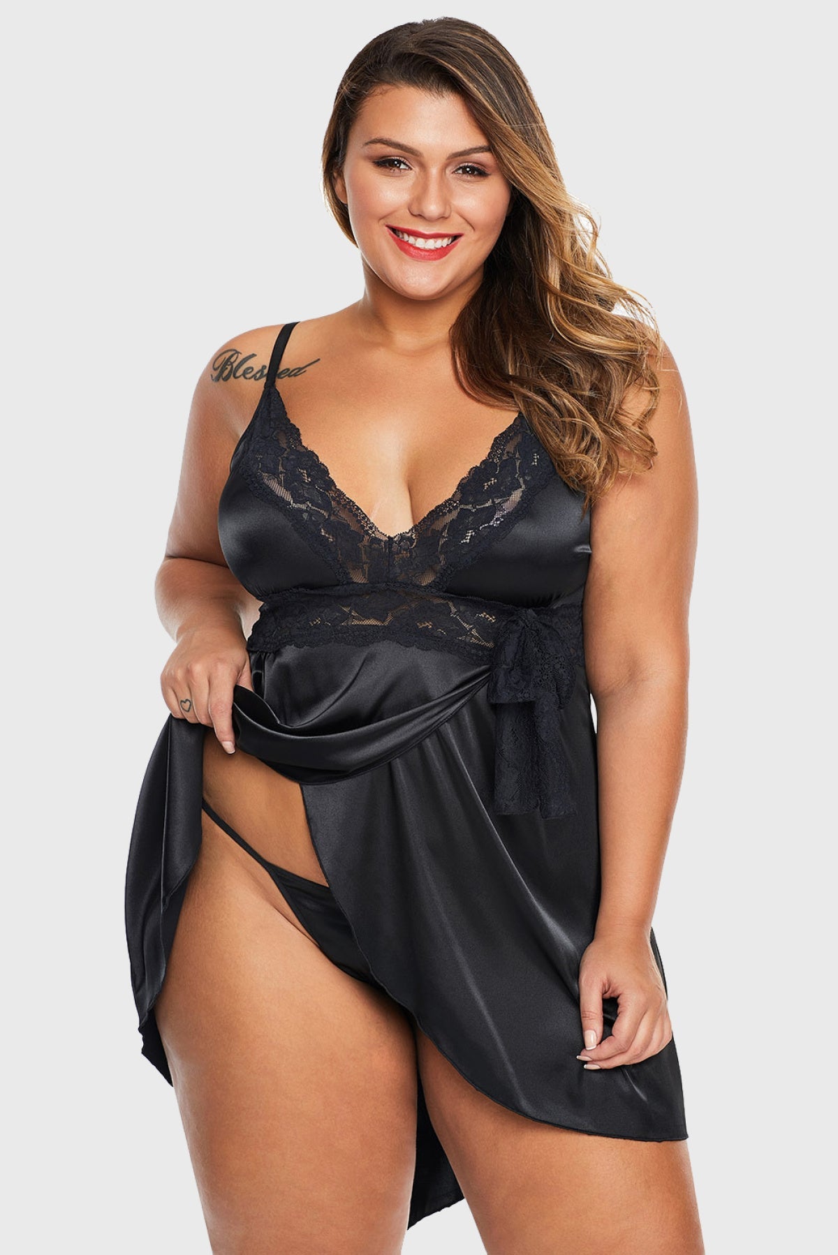 Black Lace V Neckline Plus Size Babydoll