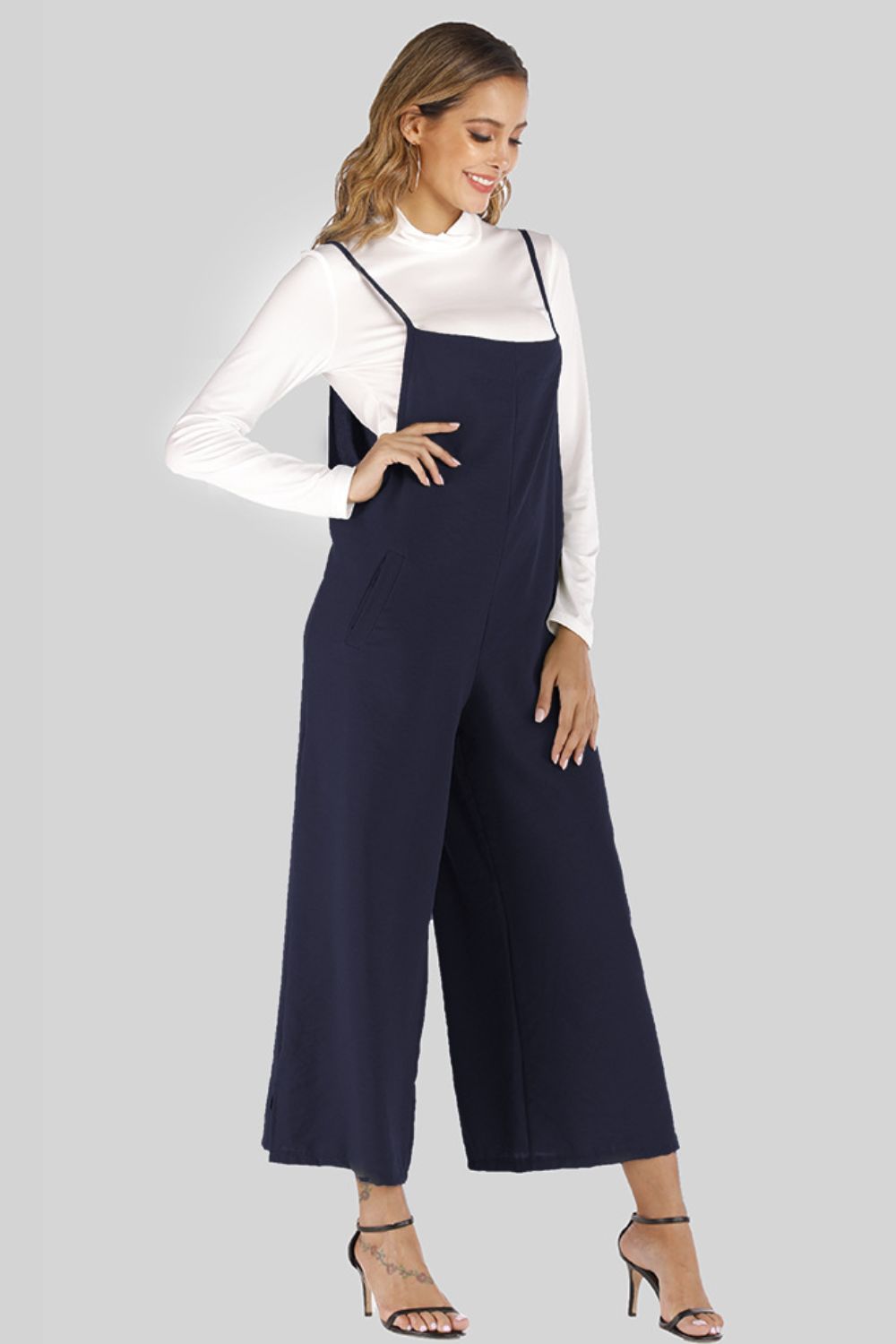 Cropped Wide Leg Overalls with Pockets