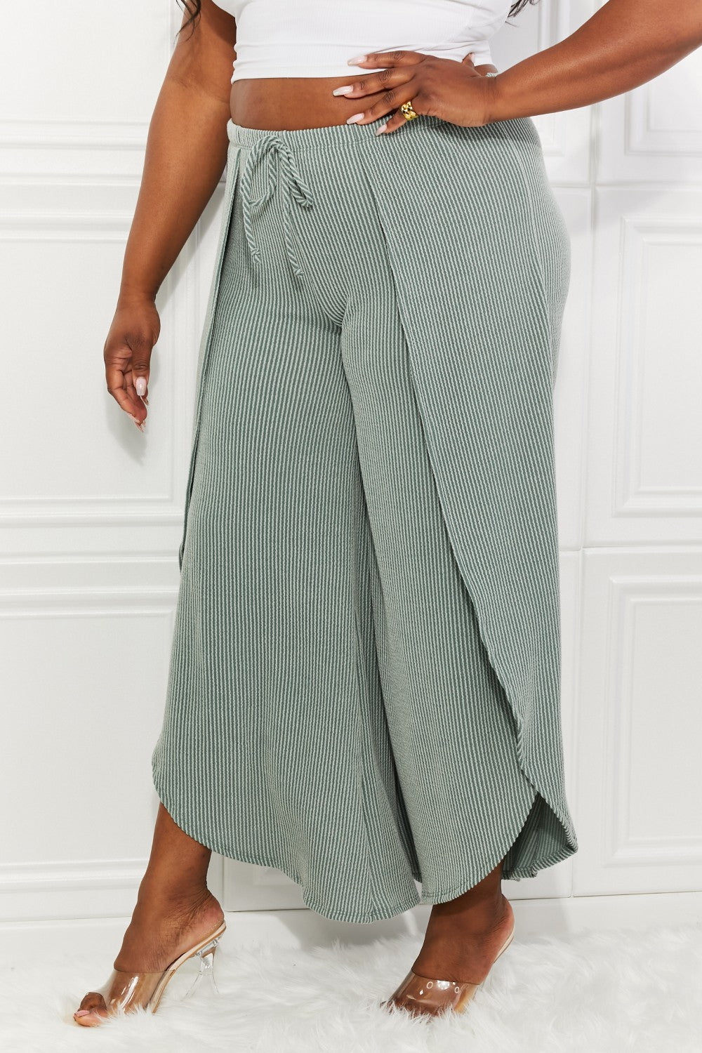 Split Wide Leg Pants in Sage