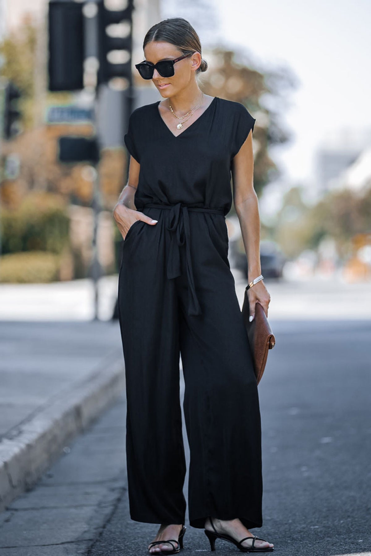 Black Sleeveless V Neck Belted Wide Leg Jumpsuit