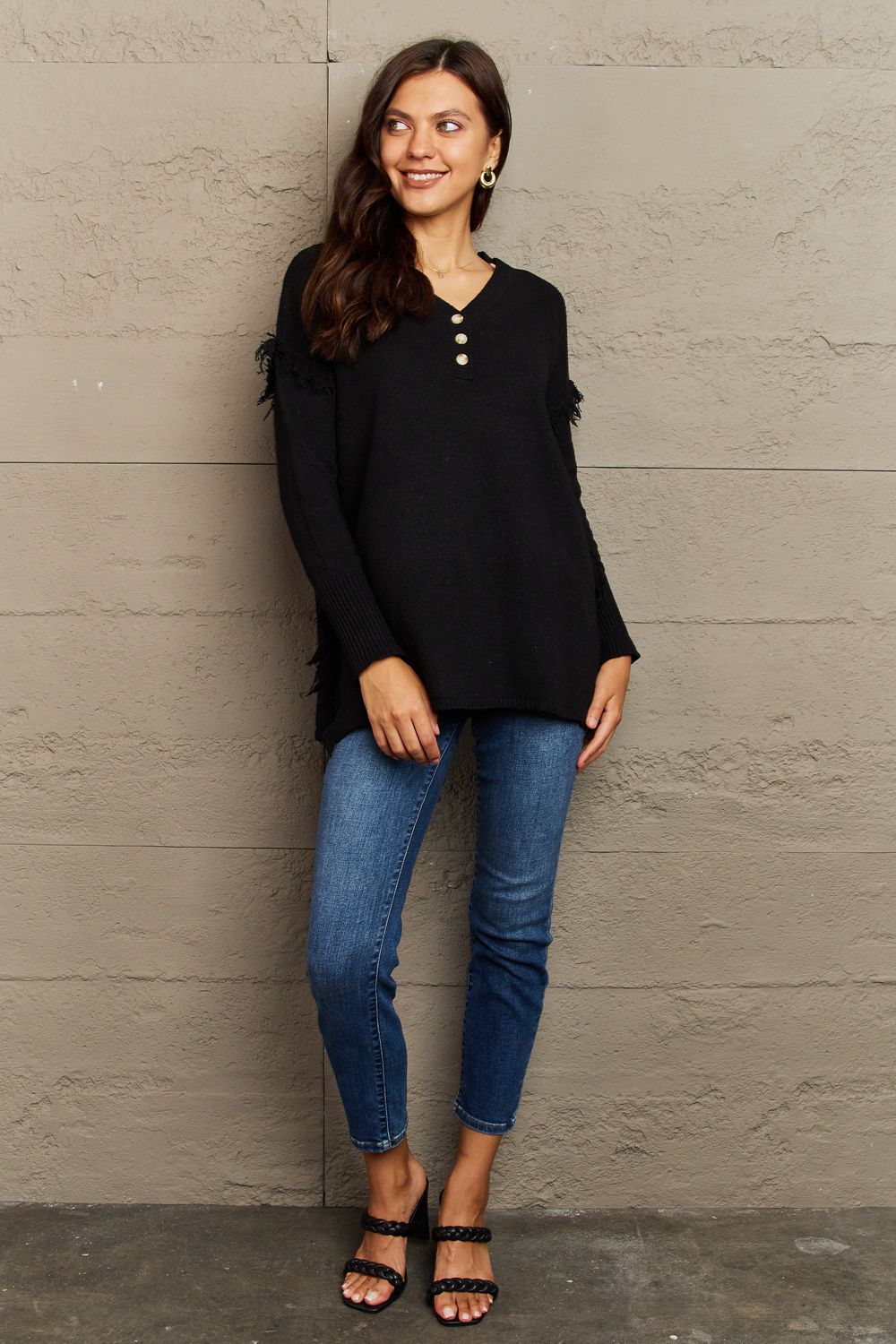 Full Size Buttoned Dropped Shoulder Raw Hem Pullover Sweater