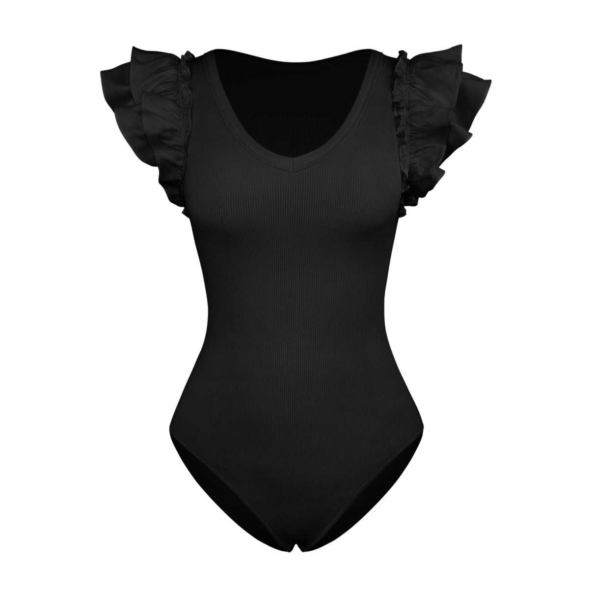 Solid Ribbed Knit Ruffled Bodysuit