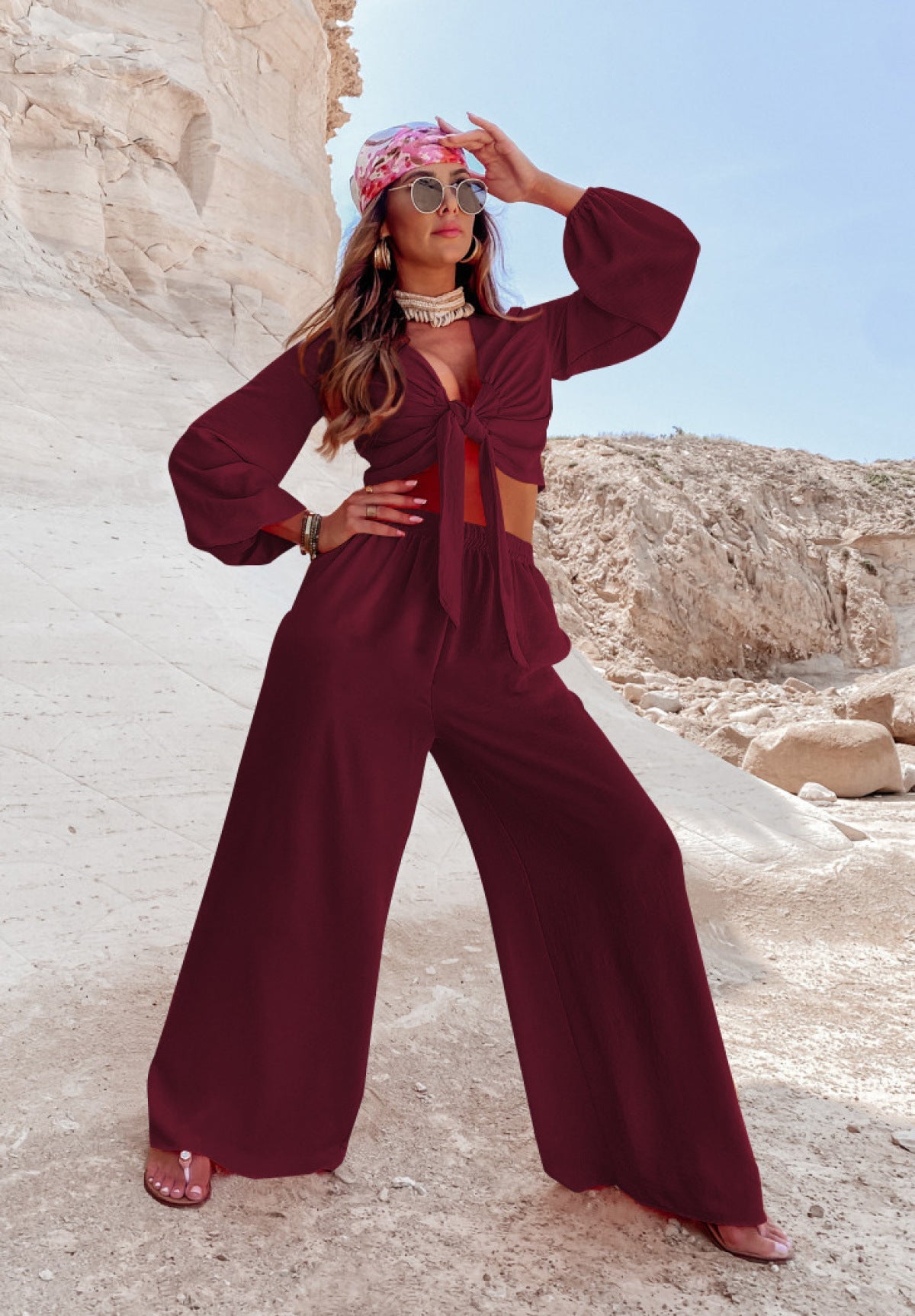 Knotted Front and Back Reversible Top & Wide Leg Pants Set