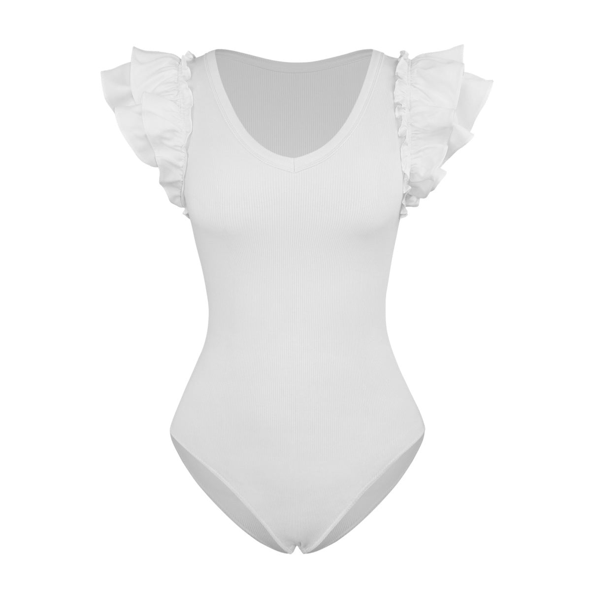 Solid Ribbed Knit Ruffled Bodysuit