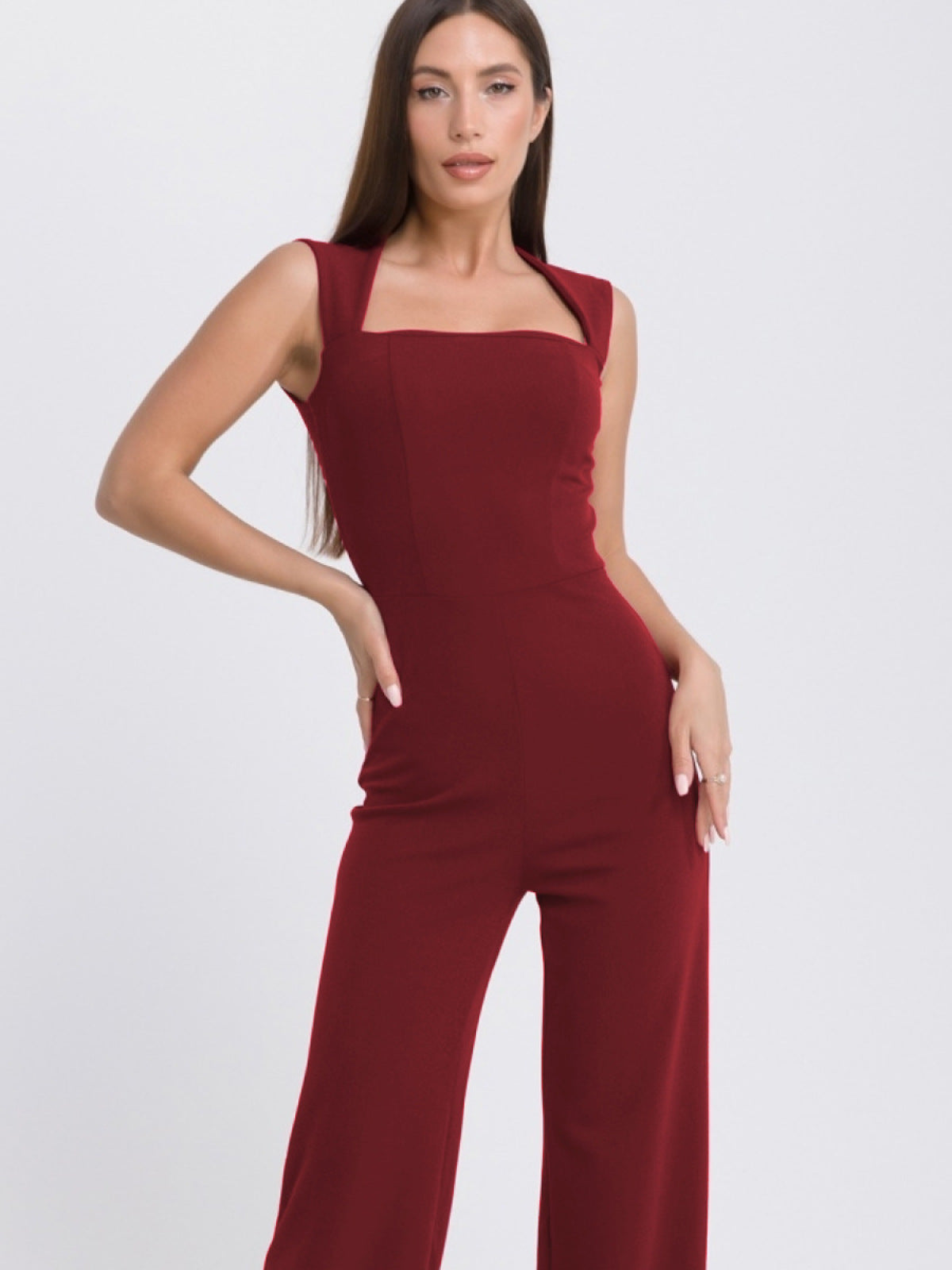 Solid Square Neck Back Zip Up Jumpsuit