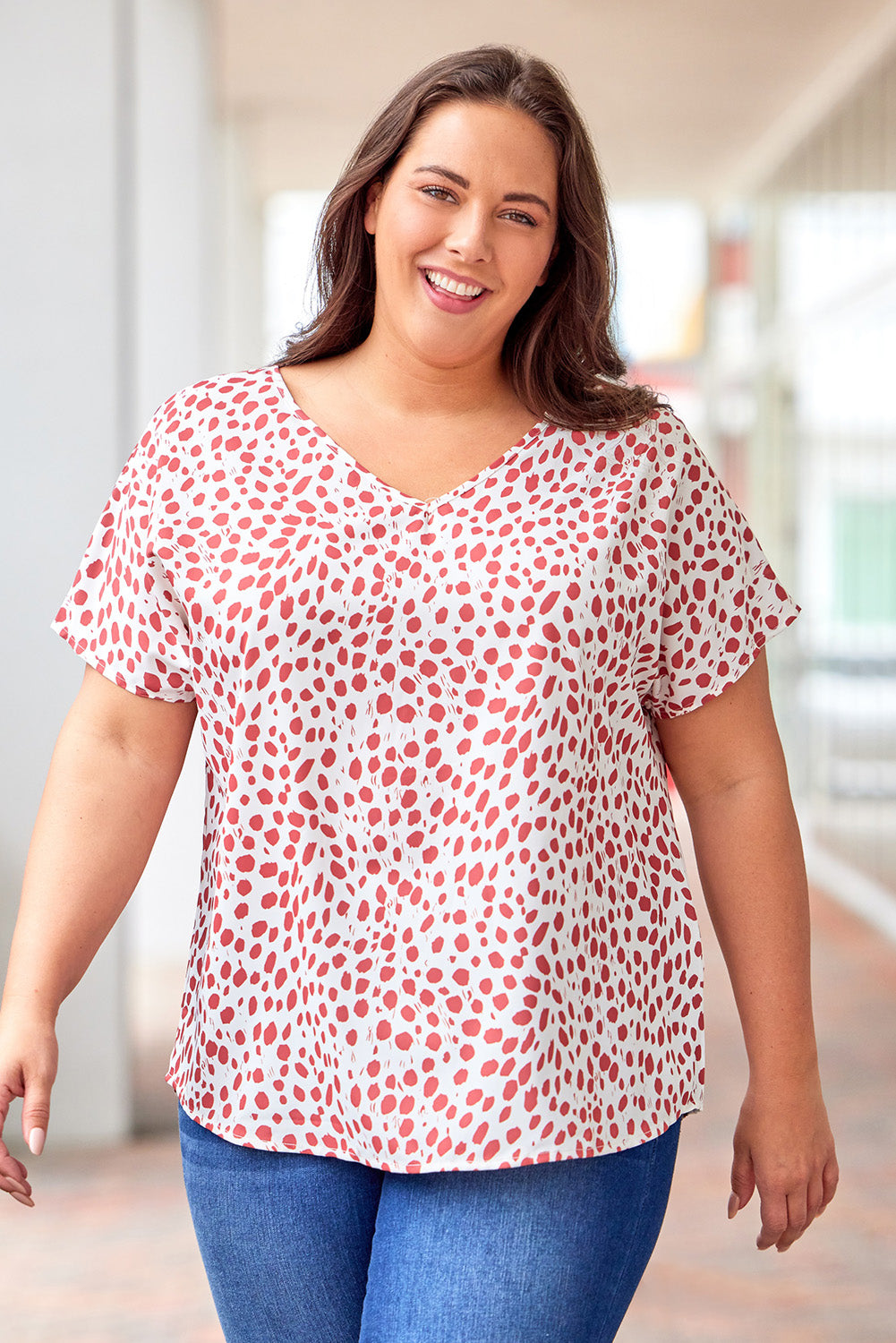 Plus Size Printed V-Neck Short Sleeve Blouse