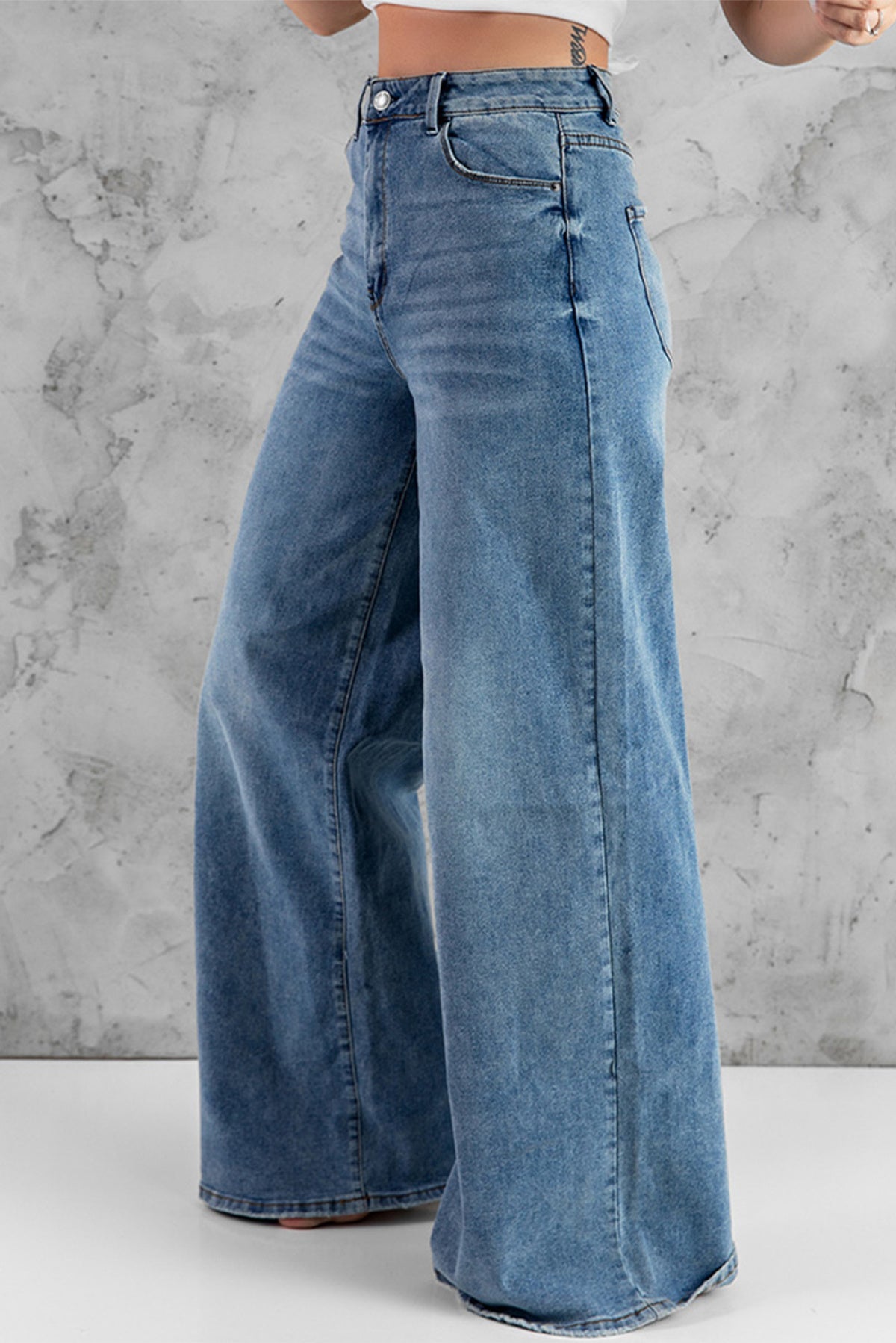 Sky Blue Vintage Wash Casual Wide Leg Jeans