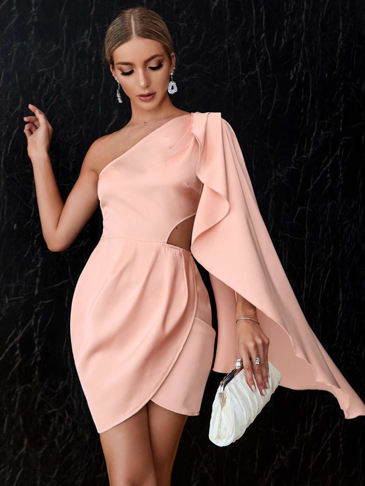 One Shoulder Drape Side Cut Out Satin Dress