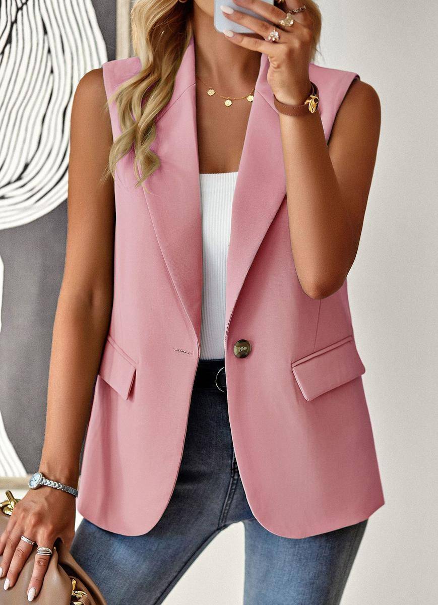 Solid Loose Fit Lapel Single-Breasted Sleeveless Vest