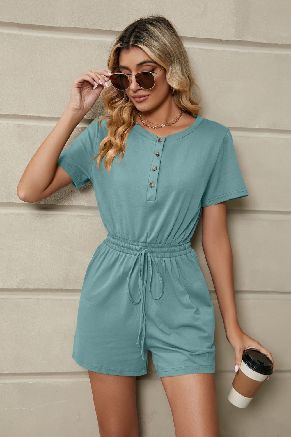 Buttoned Round Neck Drawstring Waist Romper with Pockets