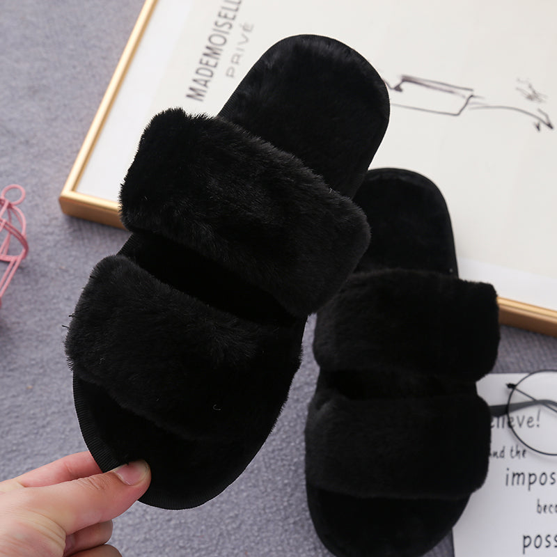 Faux Fur Double Strap Slippers