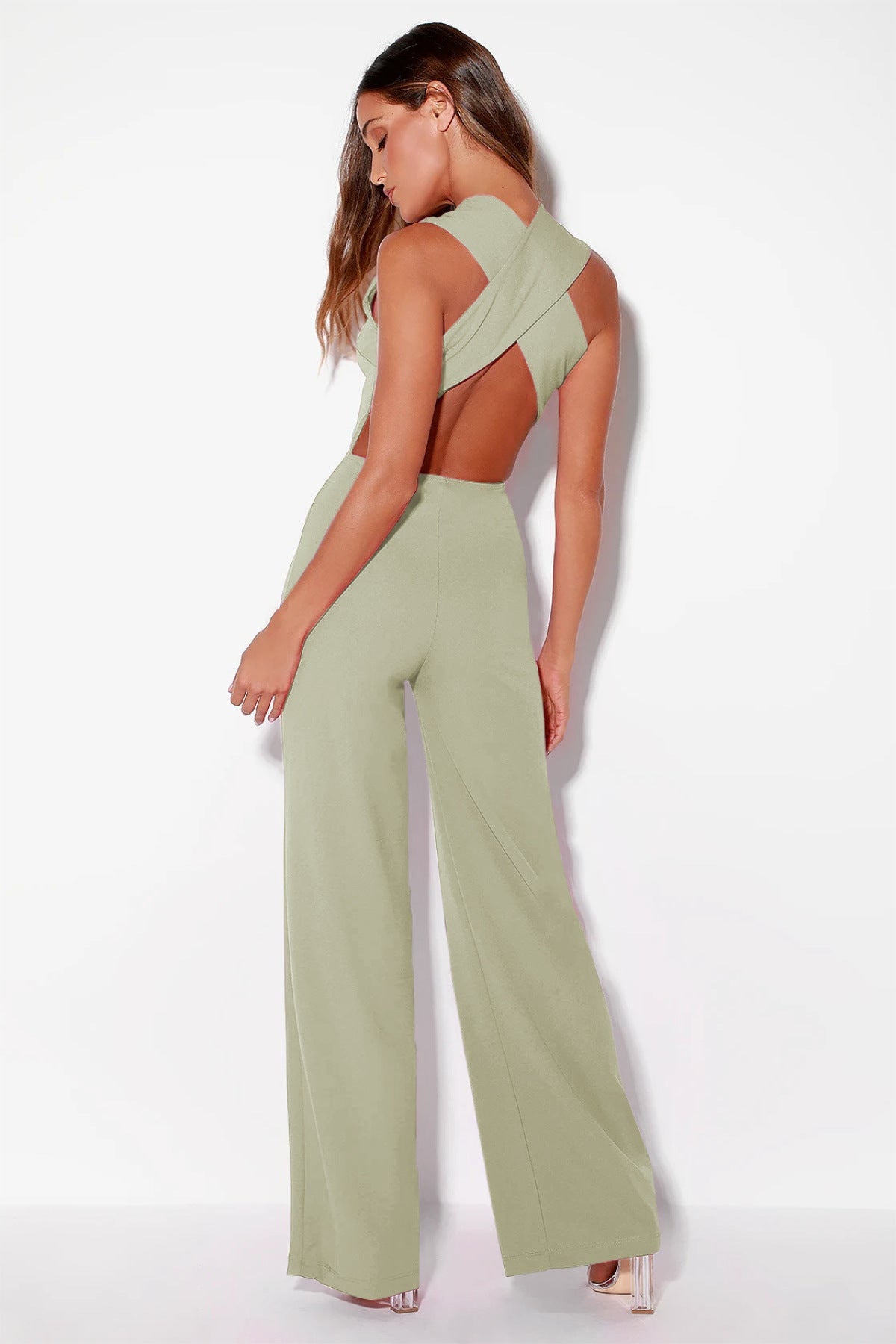 Solid Back Crisscross Sleeveless Jumpsuit