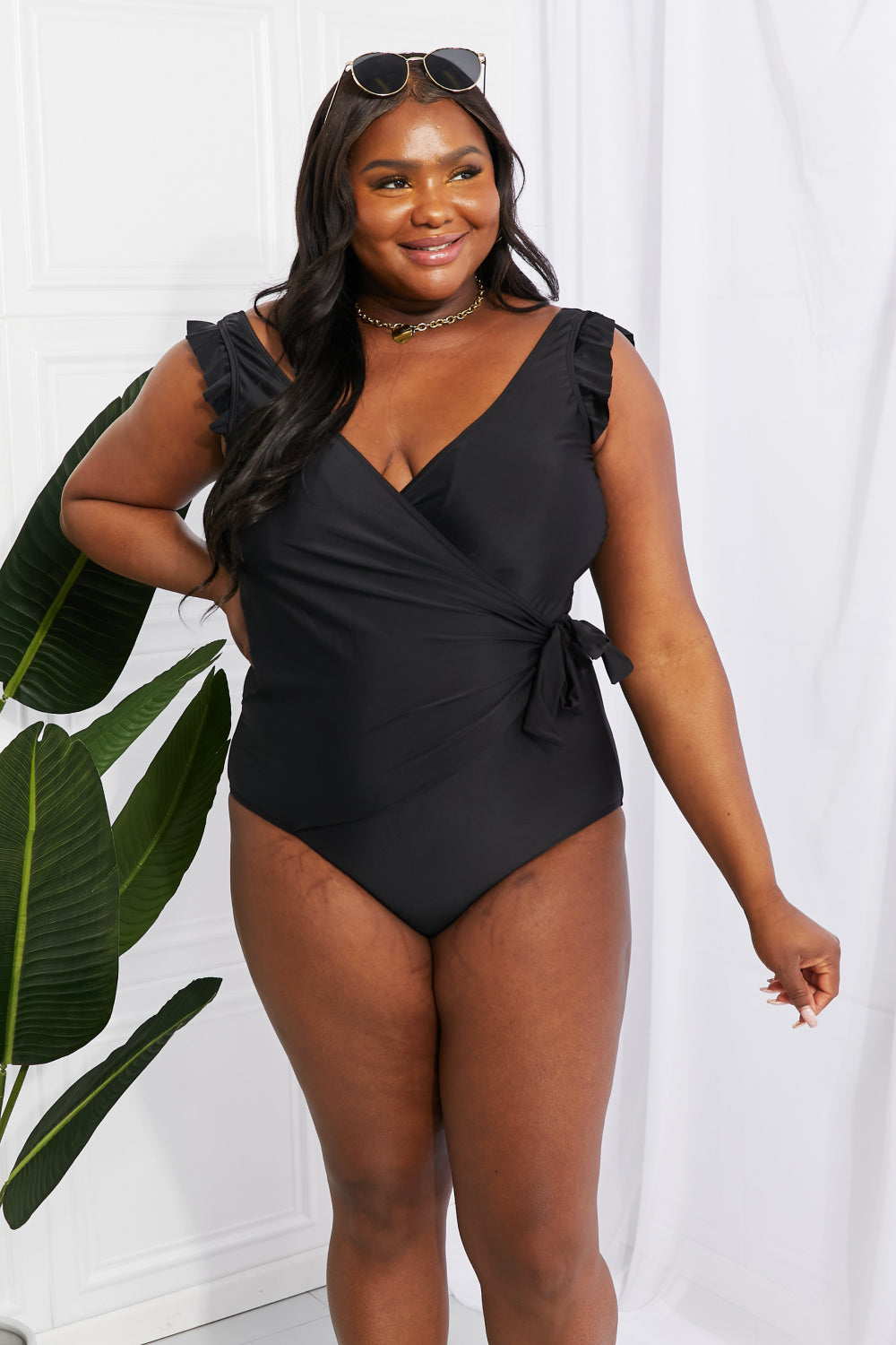 Float On Ruffle Faux Wrap One-Piece in Black