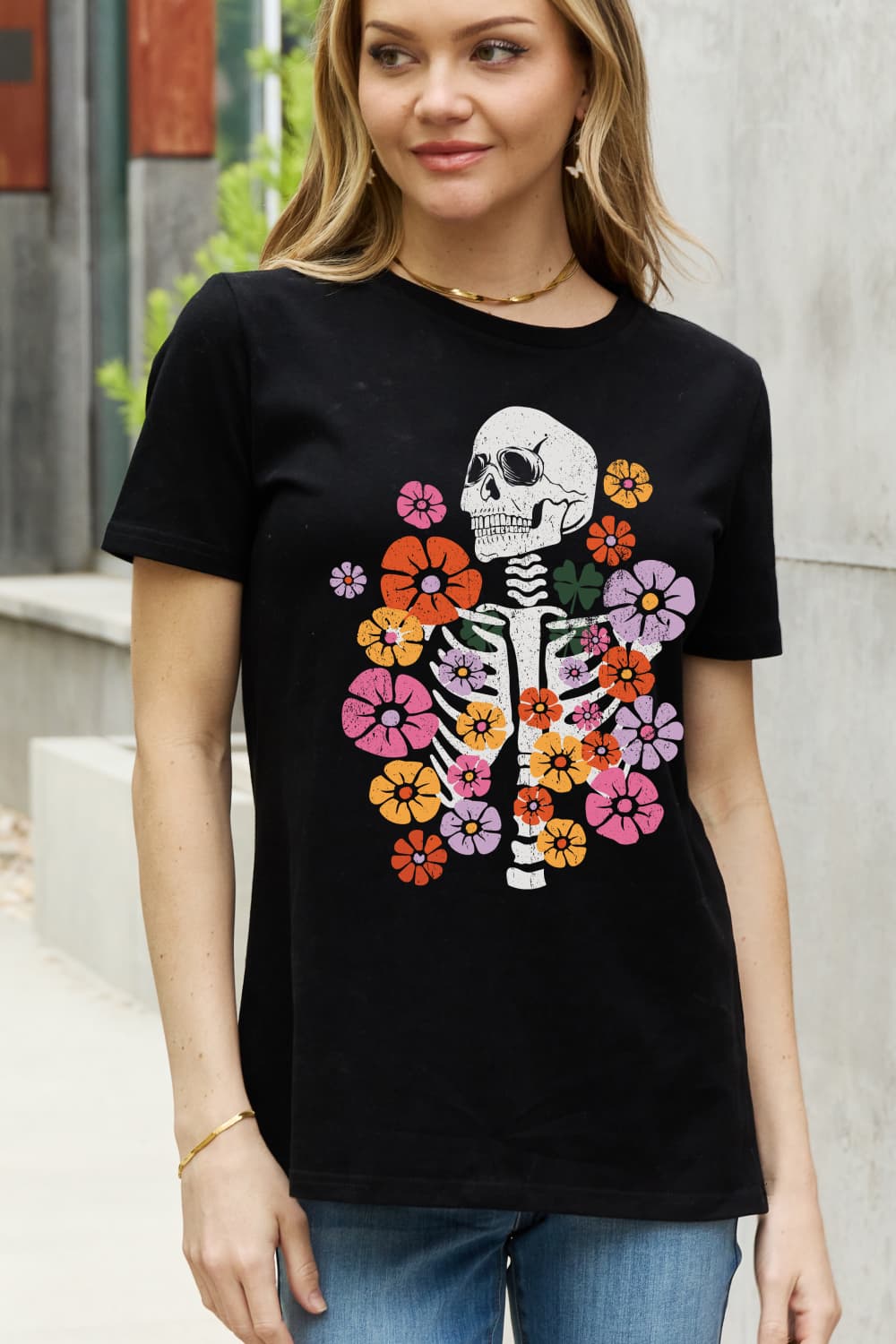 Skeleton & Flower Graphic Cotton Tee