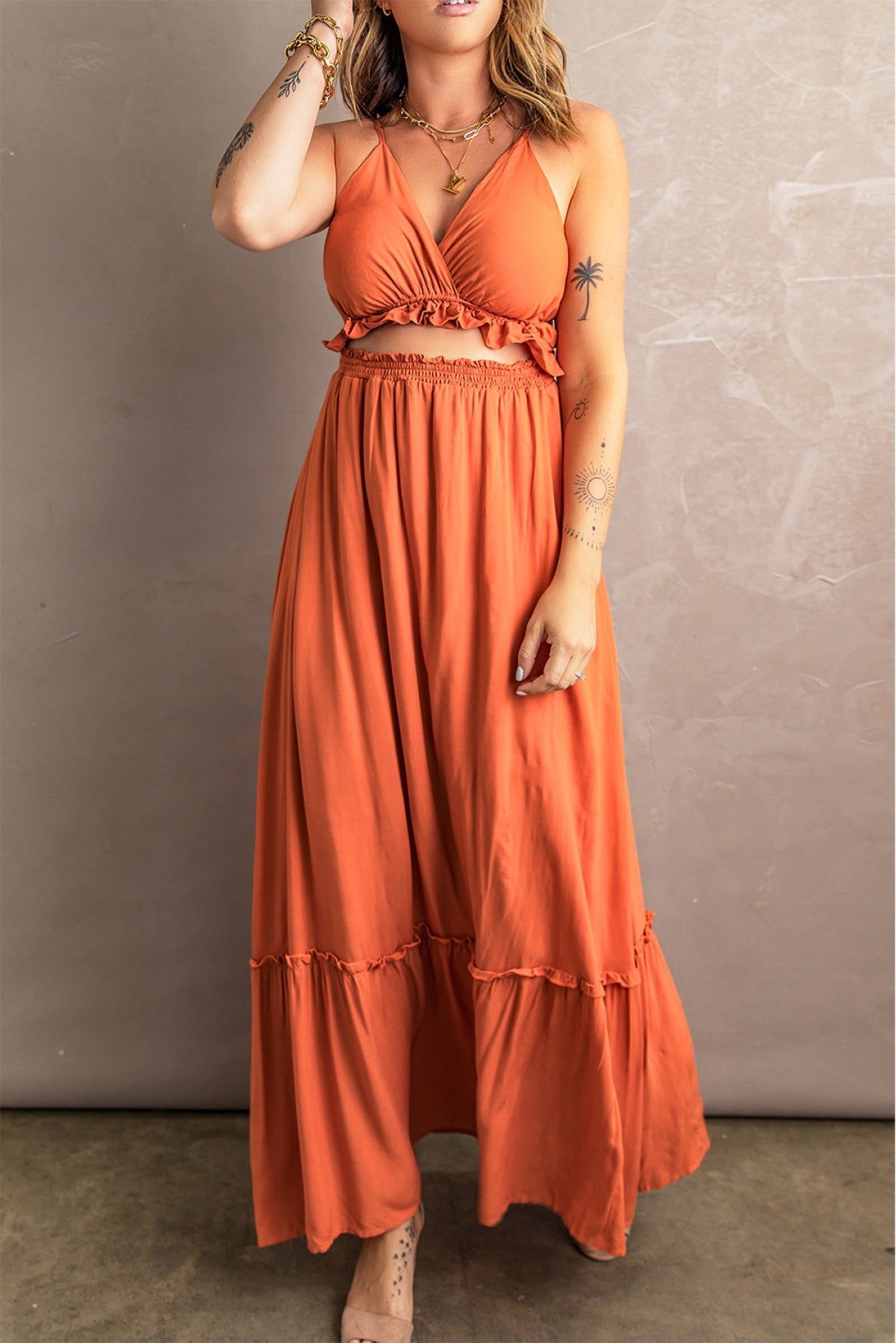 Ruffled Cut-Out Spaghetti Strap Sleeveless Long Dress