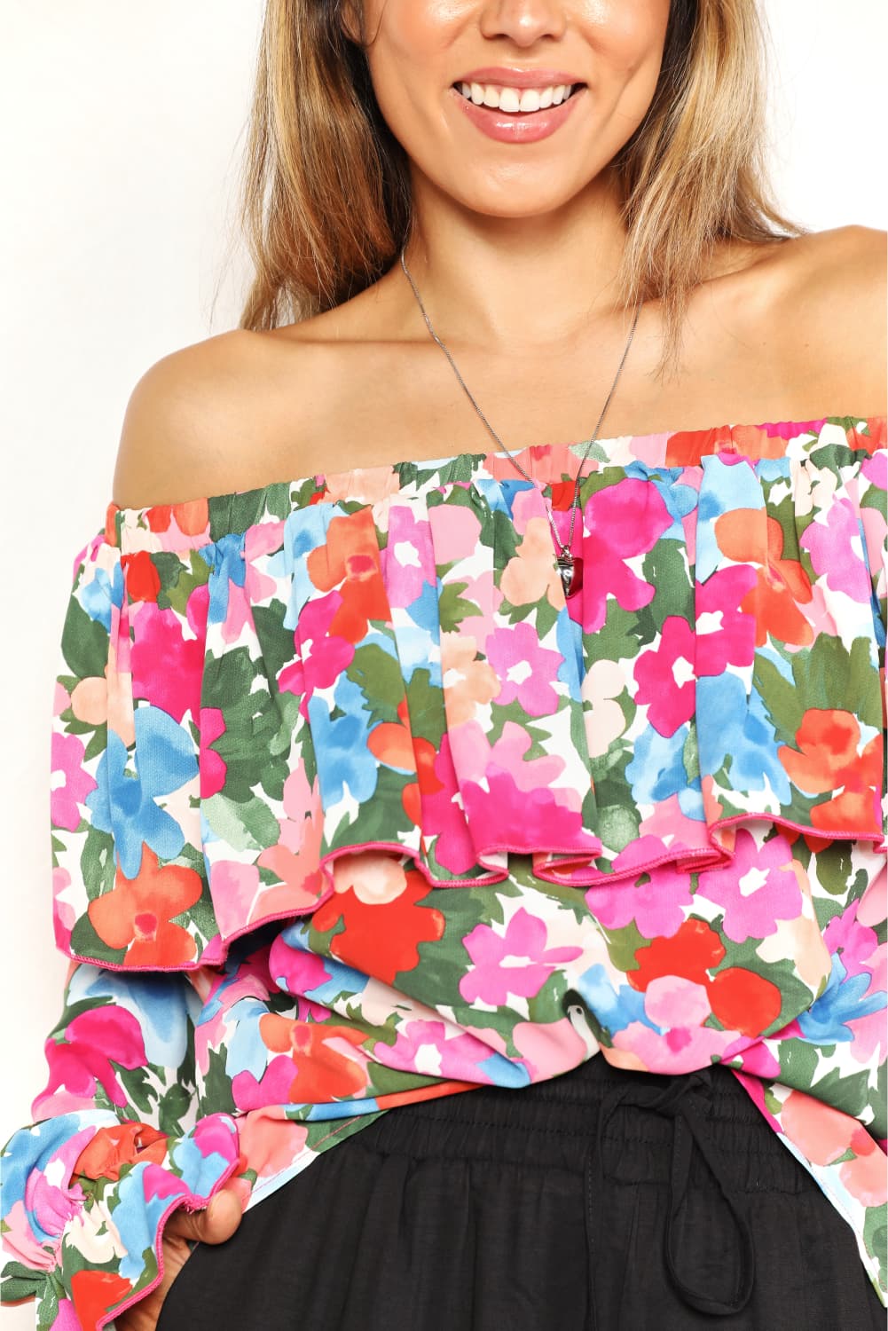 Floral Off-Shoulder Flounce Sleeve Layered Blouse