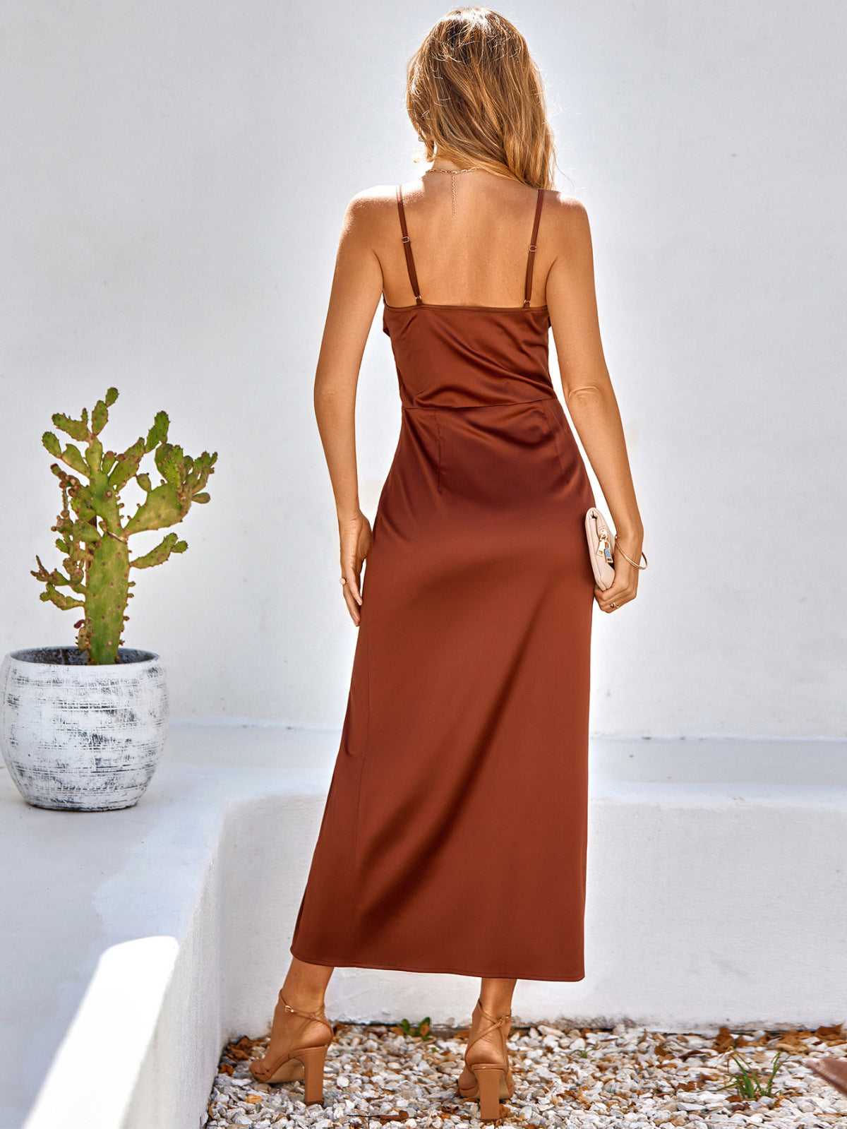 Striped Neck Folds Slit Cami Maxi Dress