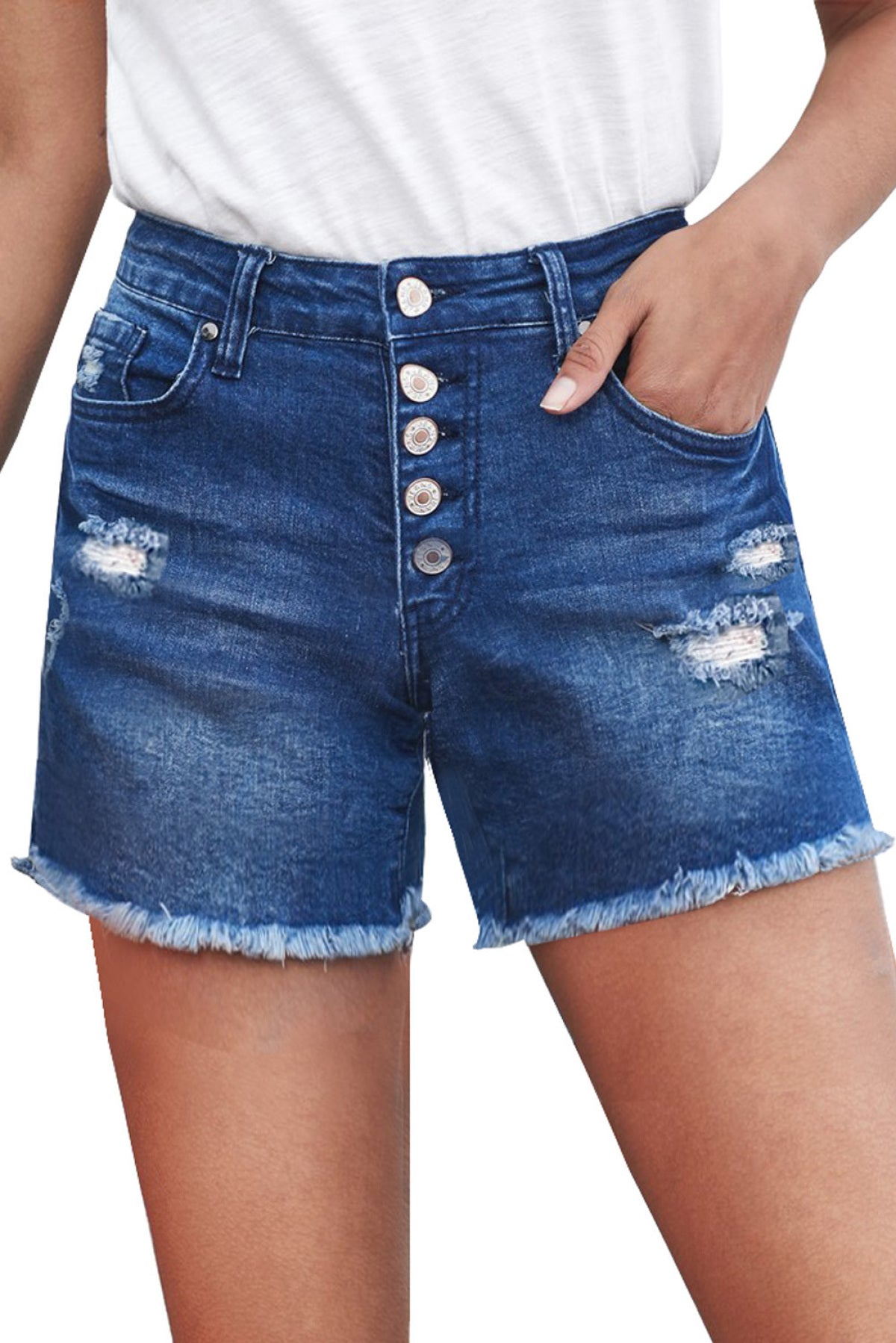 Frayed Hem Single-Breasted Ripped Denim Shorts