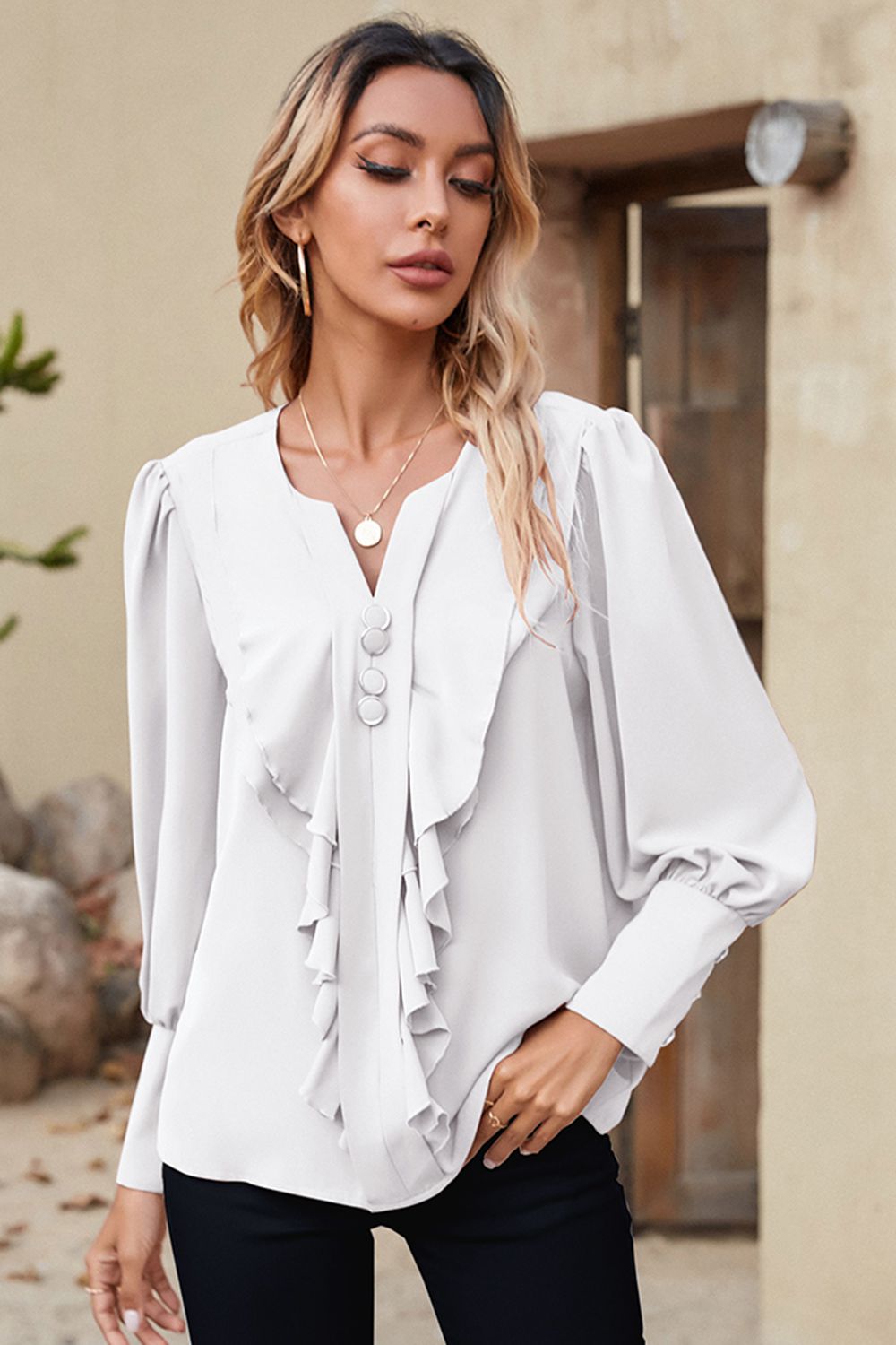 Notched Neck Lantern Sleeve Ruffle Trim Blouse