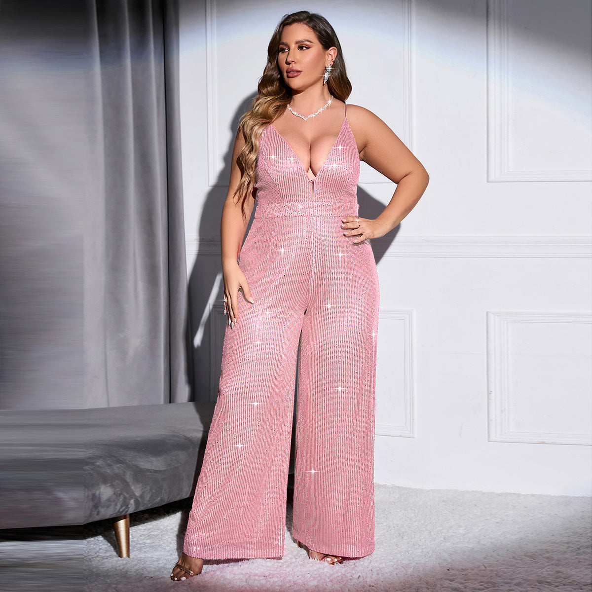 Plus Size Plunge Sequin Cami Jumpsuit