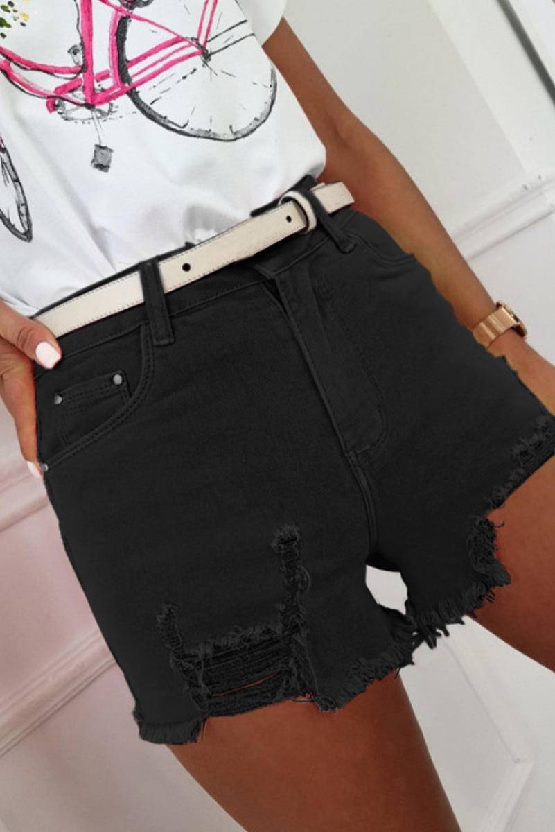 Solid Color Cut Out Distressed Denim Shorts