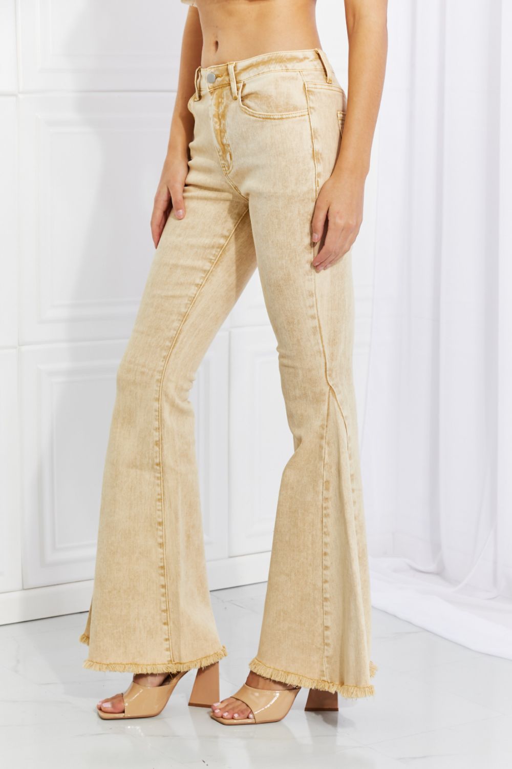 Flip Side Fray Hem Bell Bottom Jeans in Yellow