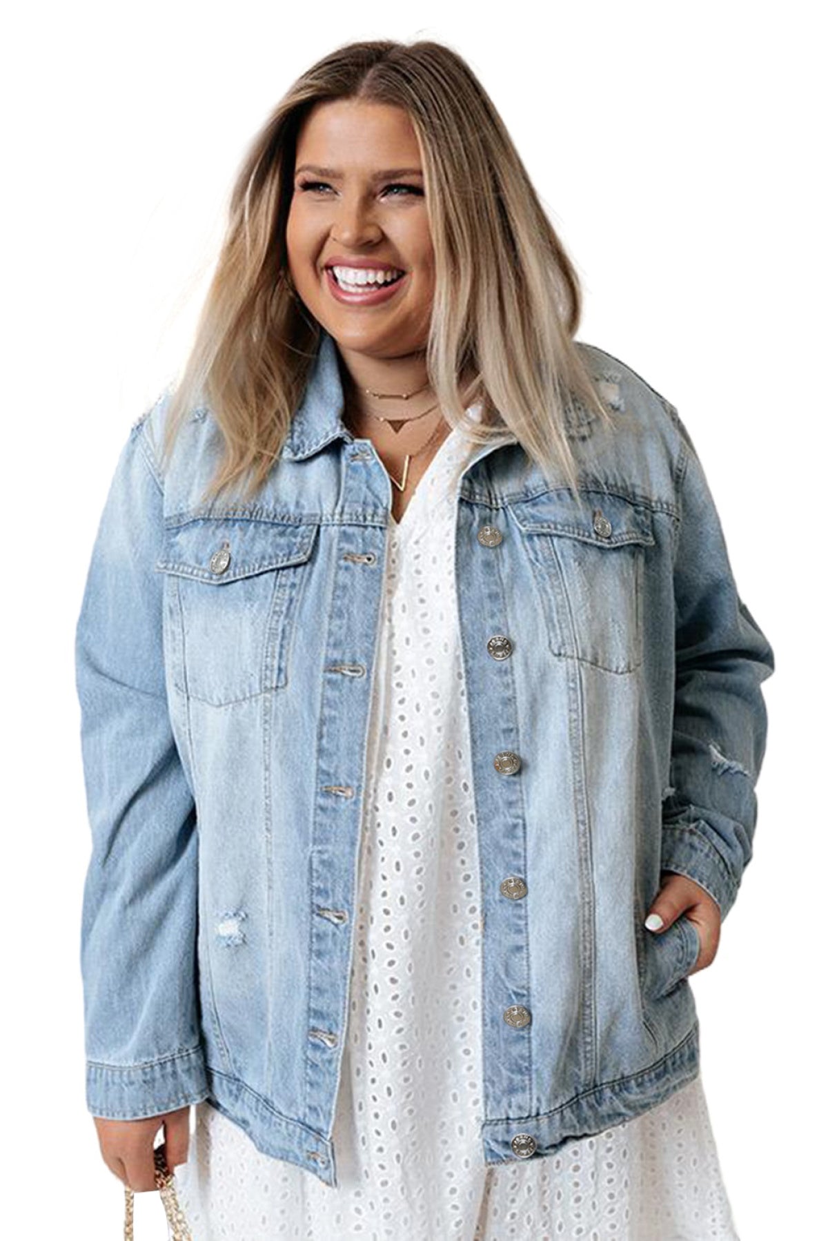 Light Blue Plus Size Washed Pocketed Denim Jacket