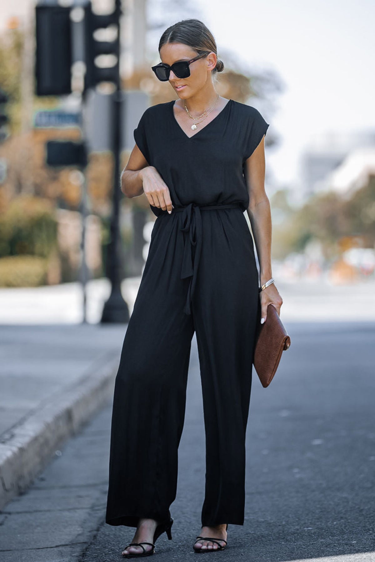 Black Sleeveless V Neck Belted Wide Leg Jumpsuit