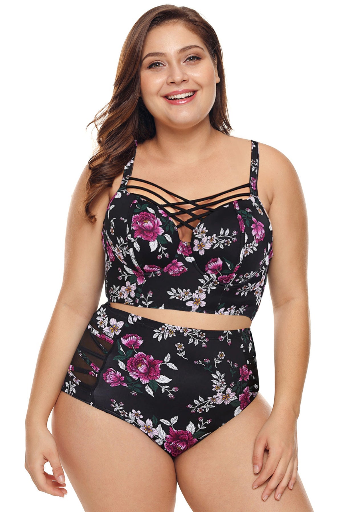 Stylish Print Strappy Push Up Balconette Plus Size Bikini