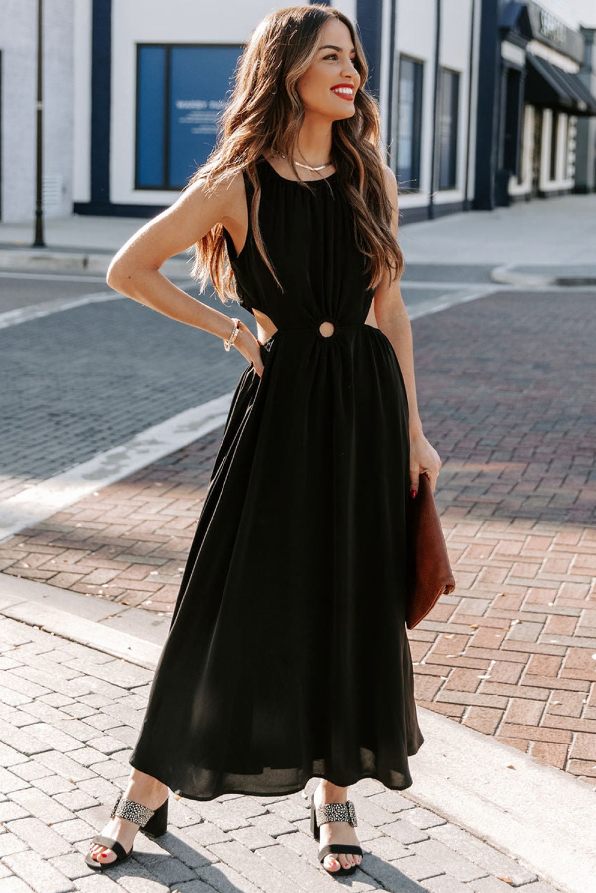 Side Cutout Round Neck Sleeveless Maxi Dress