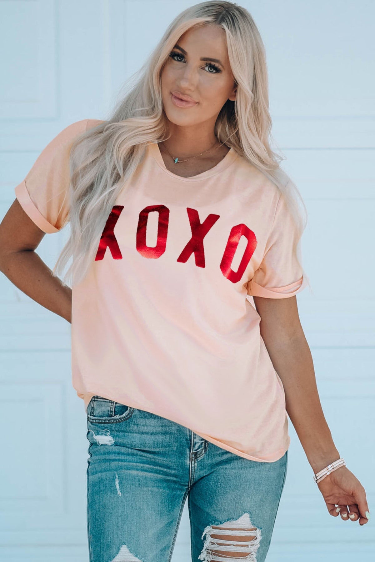 Pink XOXO Glitter Pattern Print Short Sleeve Graphic Tee