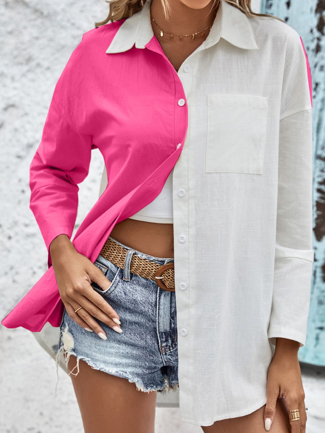 Two-Tone Contrast Drop Shoulder Shirt