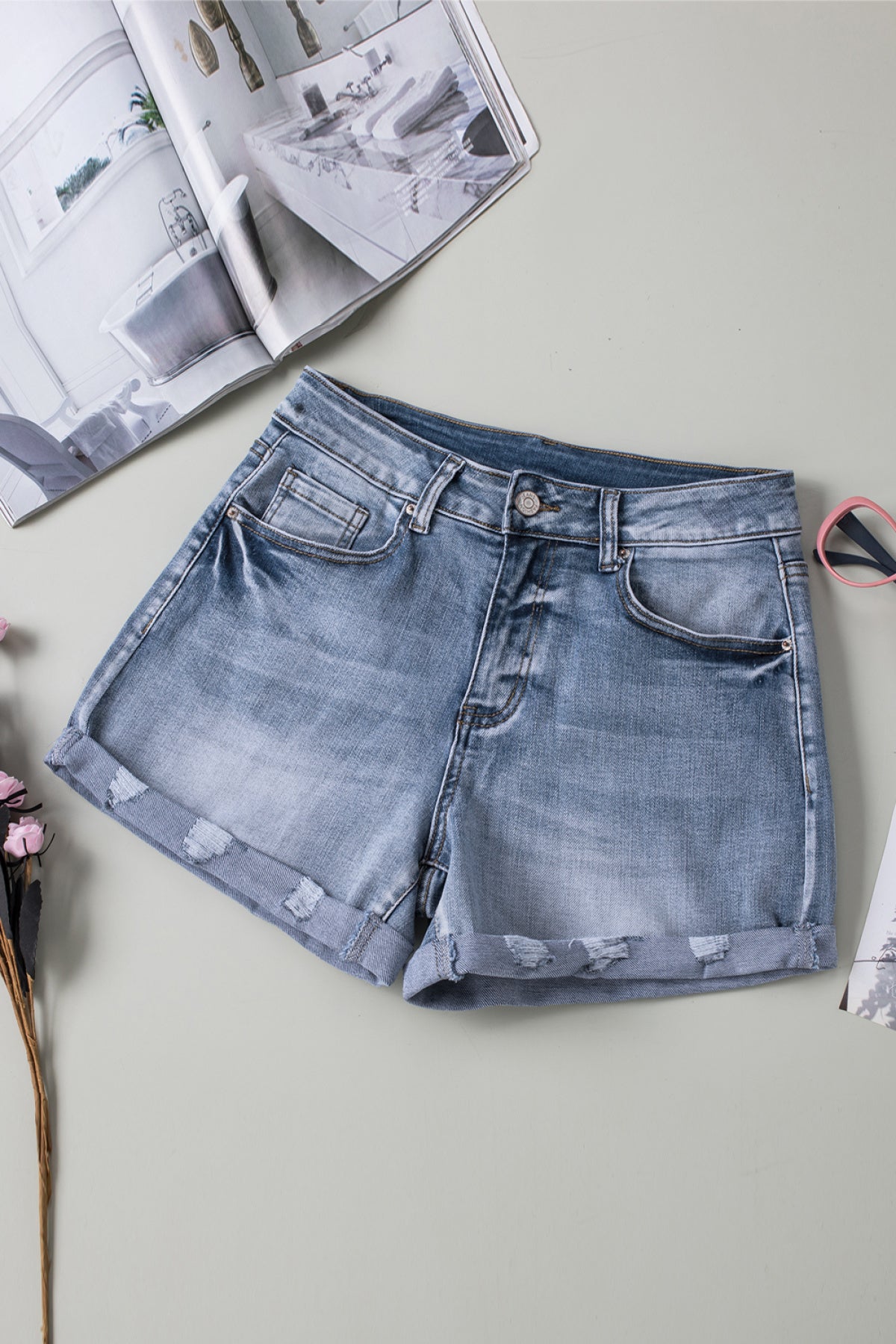 Distressed Folded Hot Denim Shorts