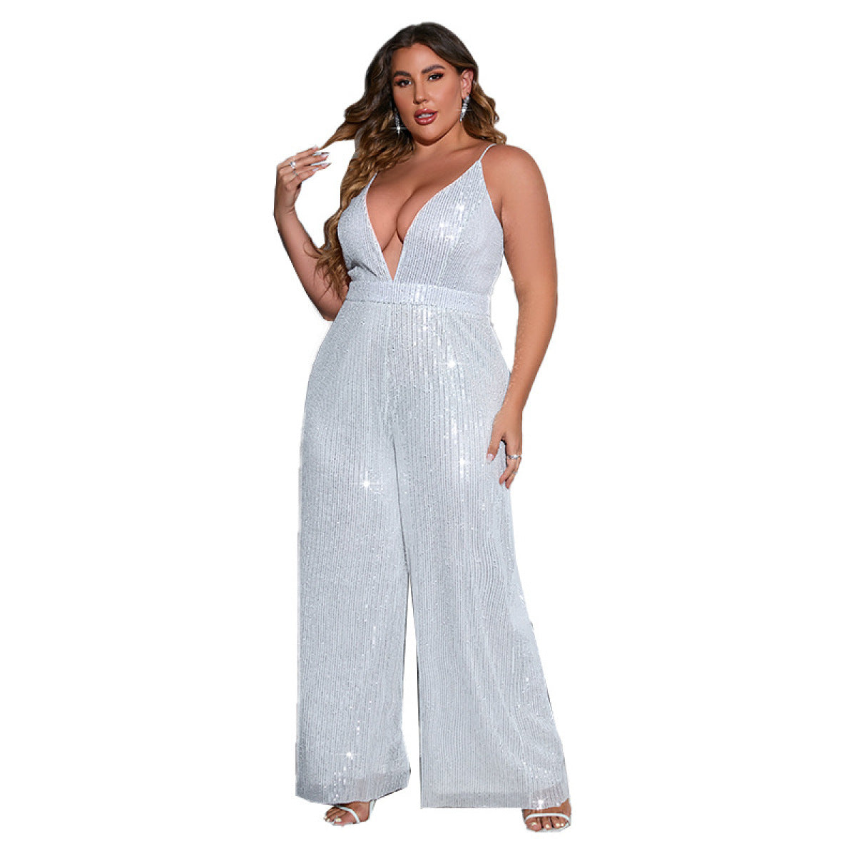 Plus Size Plunge Sequin Cami Jumpsuit