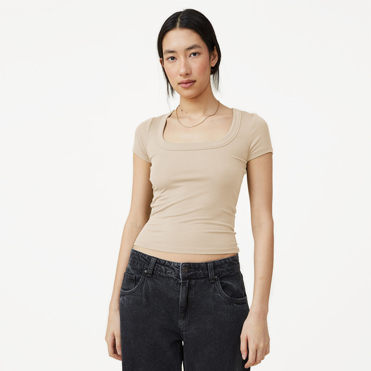 Solid Short Sleeve Ribbed Knit Crop Top